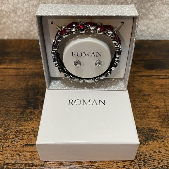 Roman Bracelet Earring Set Red Rhinestone Jewelry Box NEW - Picture 2 of 12